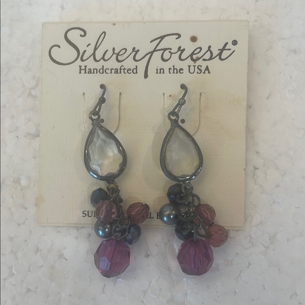 Silver Forest Teardrop pierced dangle Earrings Purple silver Blue Accents